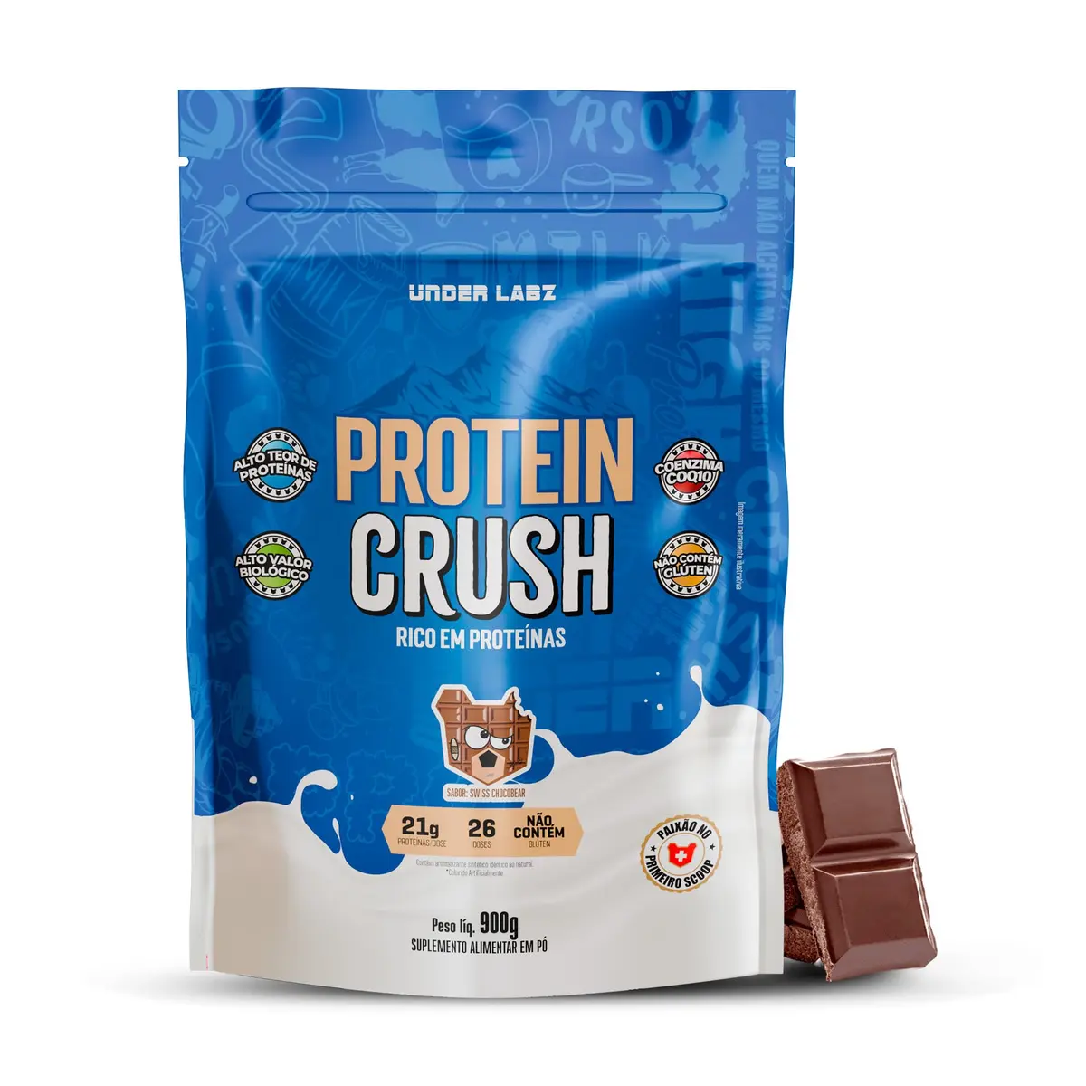 Proteína em Pó Under Labz Protein Crush, Swiss Chocobear, 900g | Proteína concentrada e isolada do soro do leite com 21g de proteína por dose para recuperação e hipertrofia.