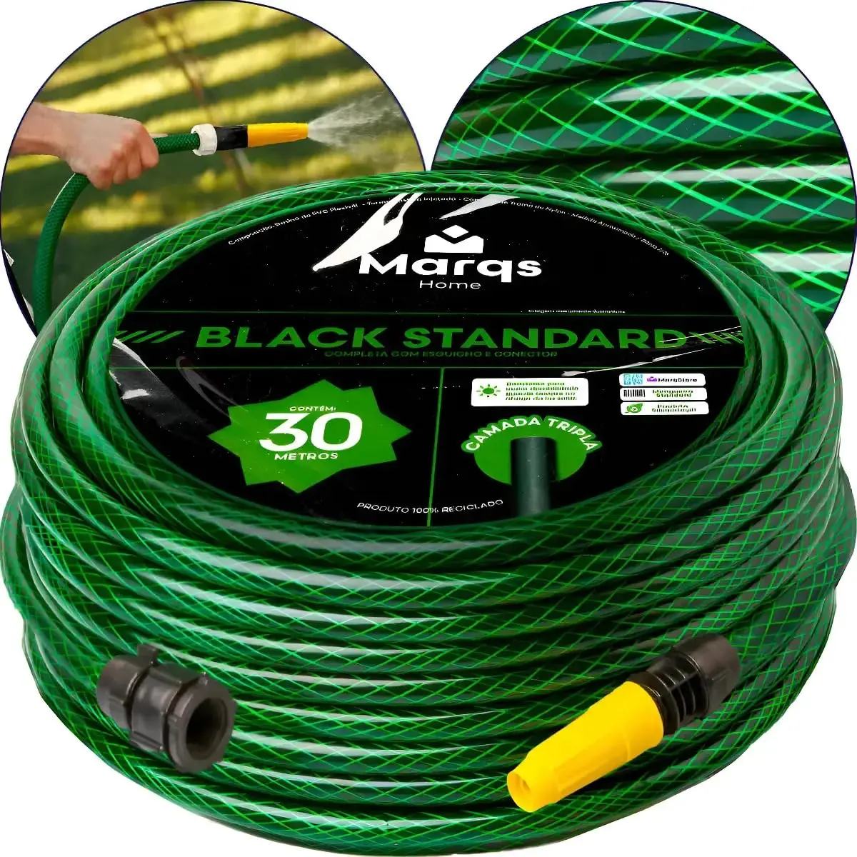 Mangueira Jardim 30m Metros Com Esguicho Trançada Reforçada Flexível 7/16 Anti Dobra Irrigação Quintal Poço Lavagem Durável Marqs Home