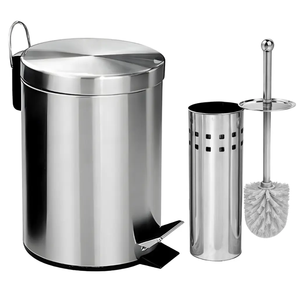 Lixeira Banheiro Inox Pedal Cozinha + Escova Sanitária Inox Com Suporte Ou Opções Avulsos