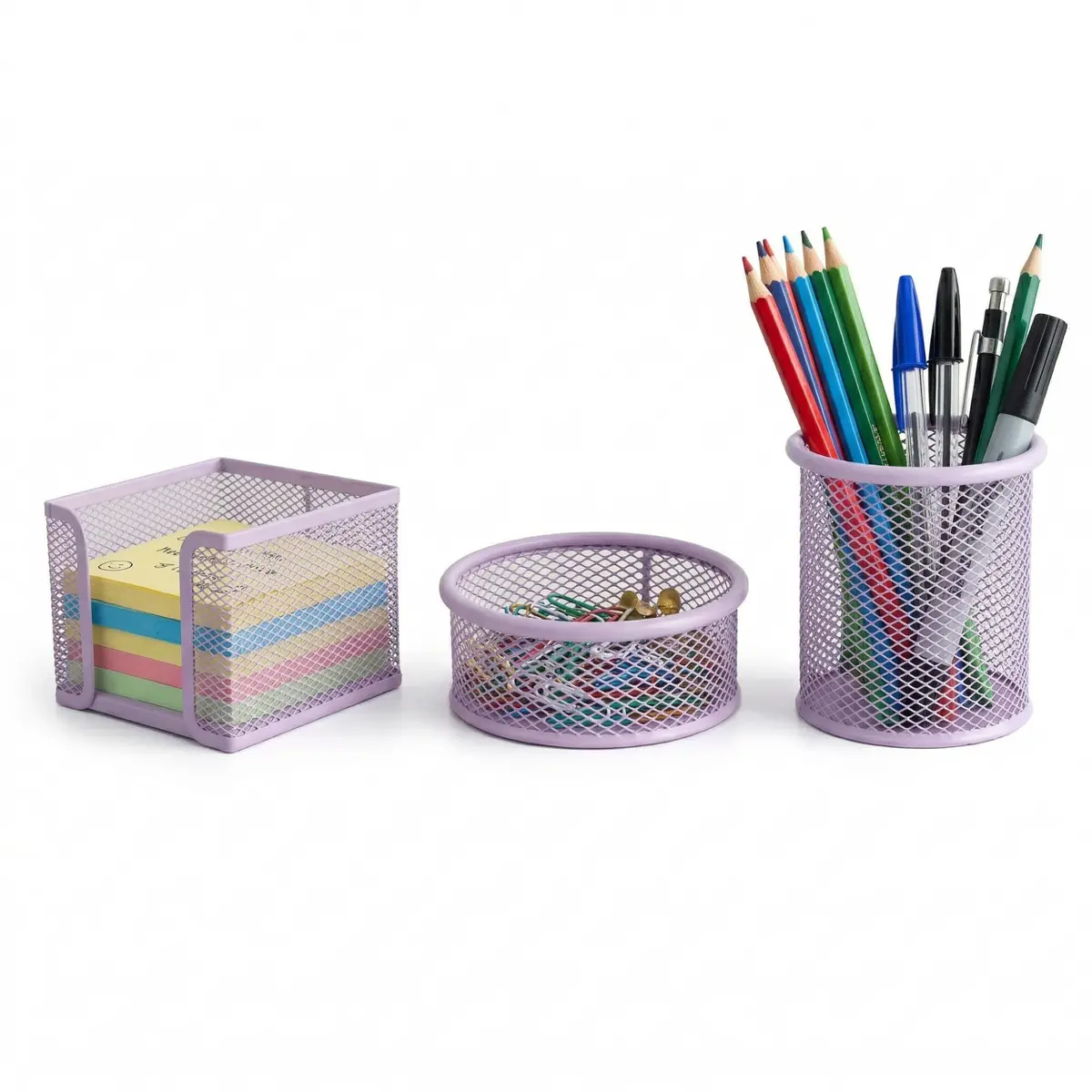 Kazoku | Kit Organizadores de Mesa em Metal Aramado Cores Pastel com Porta-Lápis Porta-Clips Porta-Lembrete 3 Peças (Lilás)