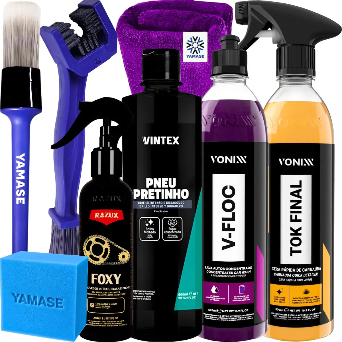 Kit Produto para Lavar Moto Cera Shampoo Desengraxante Pretinho Limpador de Corrente Vonixx Foxy Razux V-Floc Cera Tok Final Shampoo V-Floc Acessórios