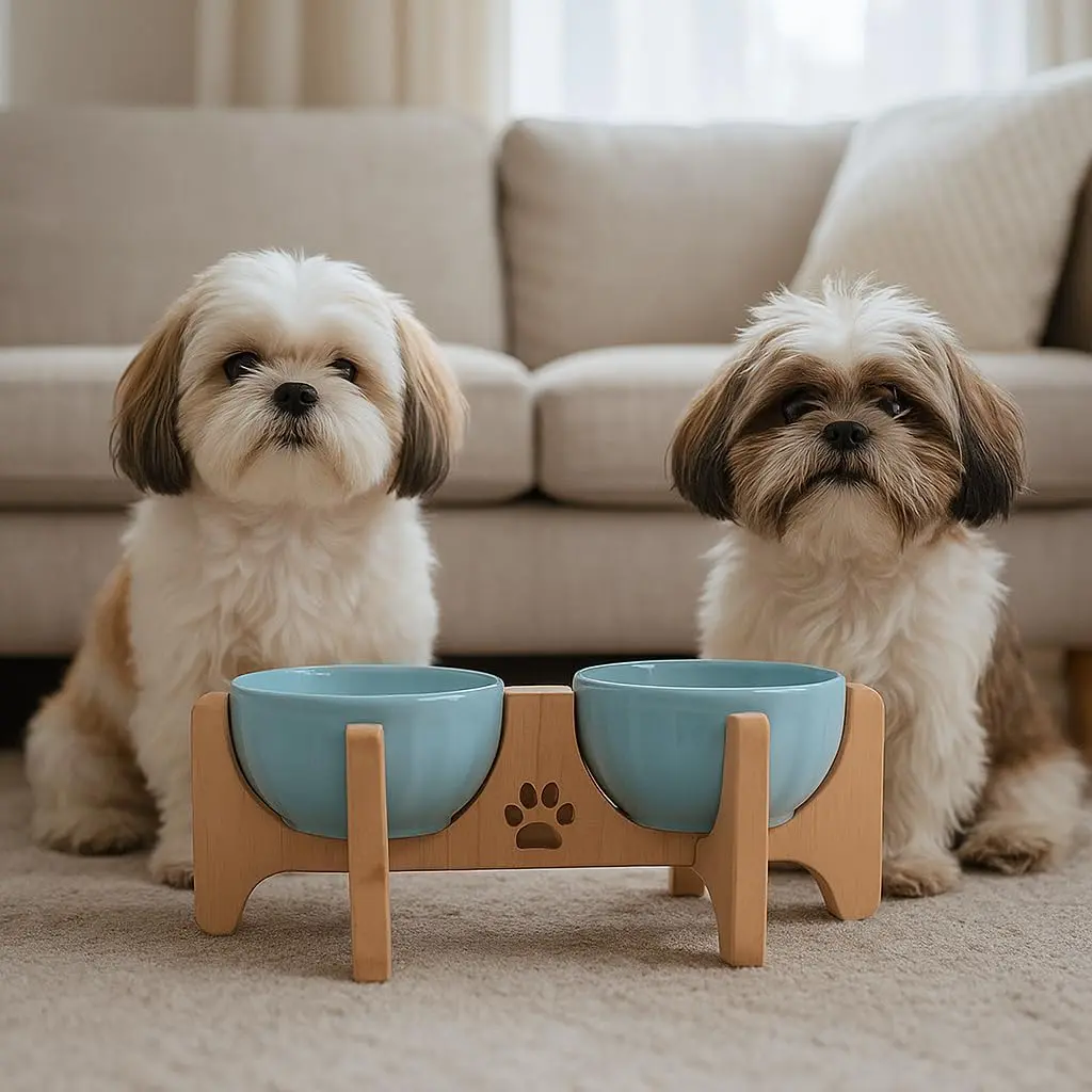 Comedouro Elevado para Pet Porcelana 620ml com Base MDF Luxo(DUPLO,BRANCO) |