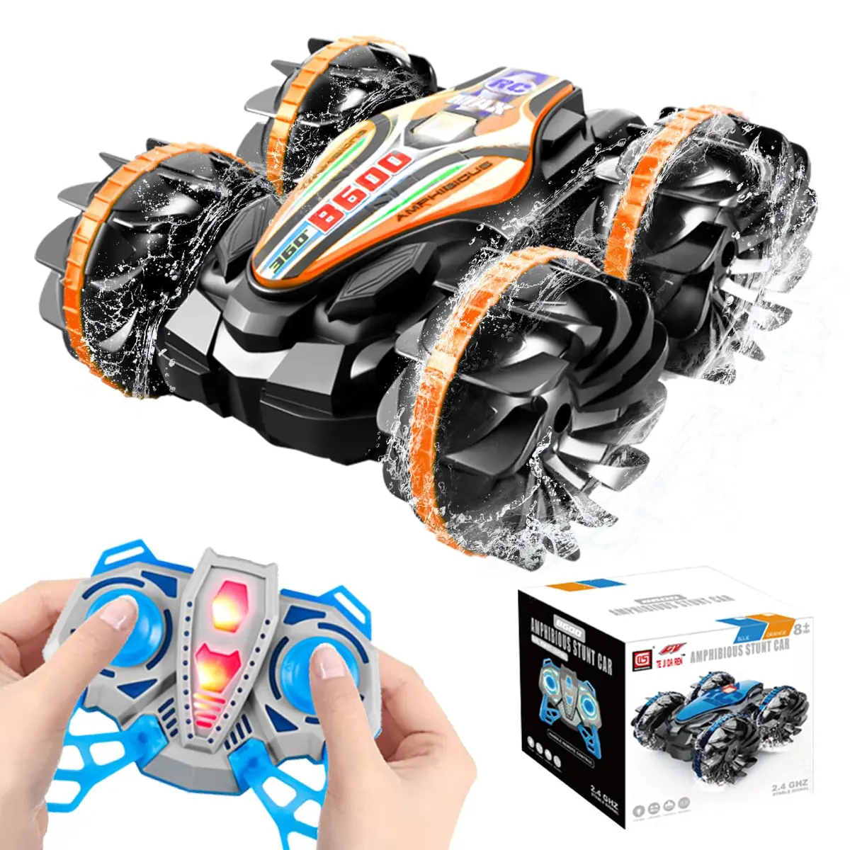 Carro Anfíbio de Controle Remoto, Carro Acrobático RC 4WD à Prova D'água, RC de 2,4 GHz com Rotação de 360° (Laranja)