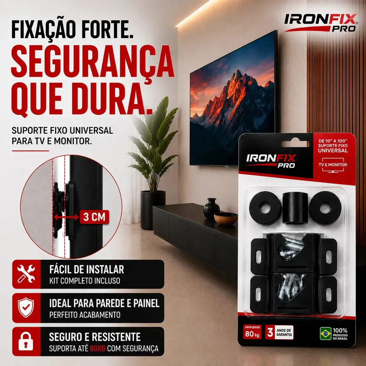 Suporte Tv Fixo Universal IRONFIX PRO Parede Painel Teto 10 24 32 43 50 55 60 75 100 Polegadas thumbnail 4