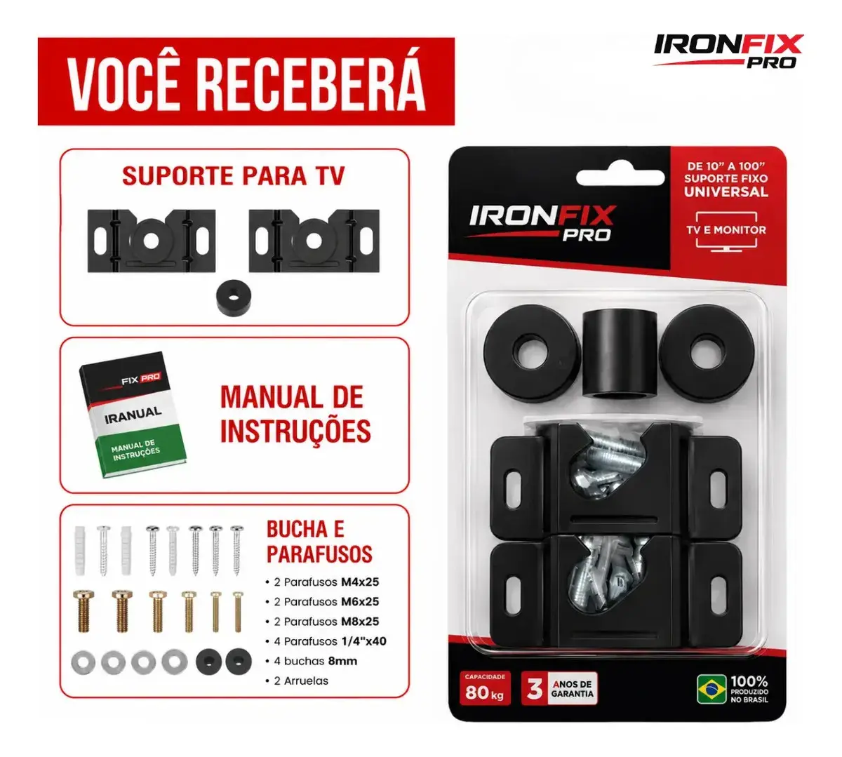 Suporte Tv Fixo Universal IRONFIX PRO Parede Painel Teto 10 24 32 43 50 55 60 75 100 Polegadas thumbnail 6