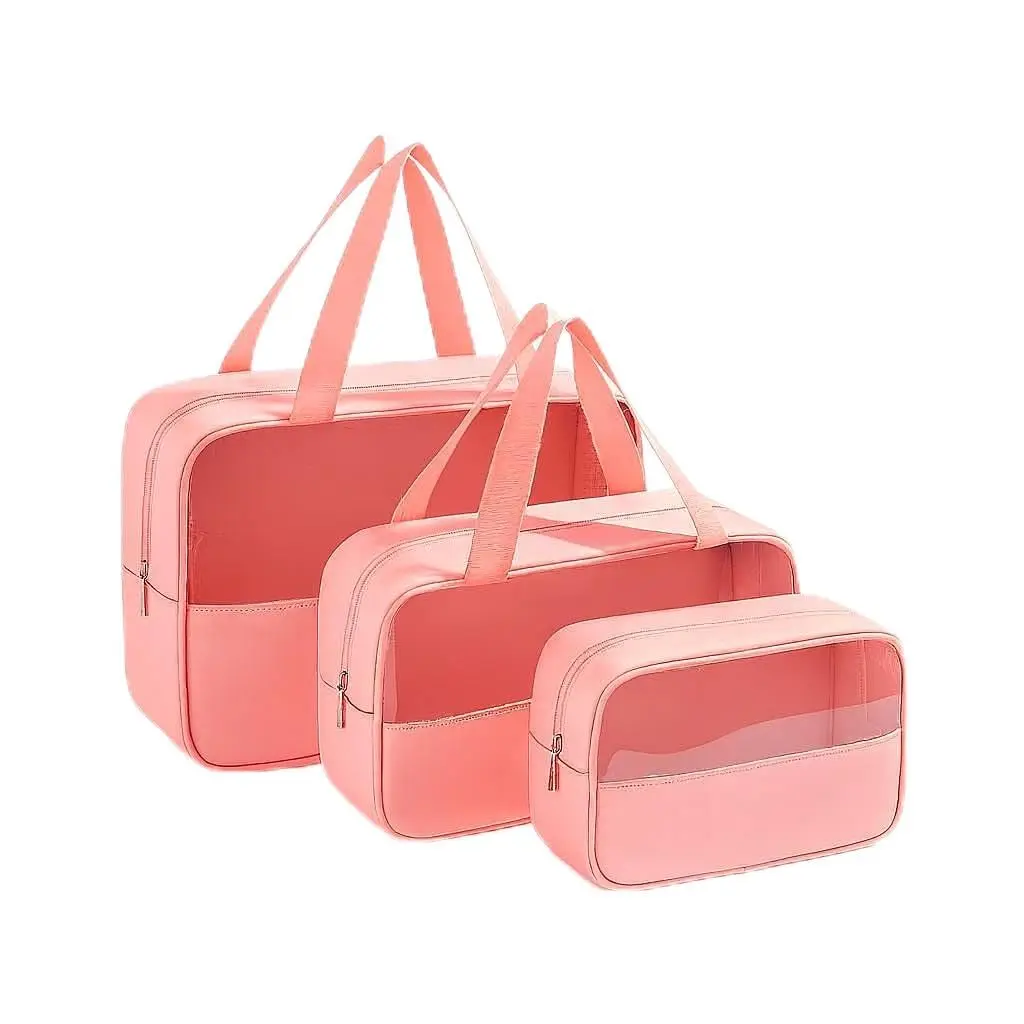 Kit Necessaire Transparente 3 em 1 Bolsa de Viagem para Maquiagem e Higiene Pessoal Unissex – Grande Capacidade, Organizador em PVC Impermeável, Ideal para Academia, Mala, Mala de Mão (Rosa) - 1