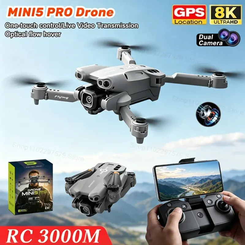 NOVO MINI5 PRO Drone 8K Profissional HD com Câmera Dupla, Controle Remoto 5G WIFI, Motor Sem Escovas, Evitação de Obstáculos, Quadcopter Dobrável, Brinquedo