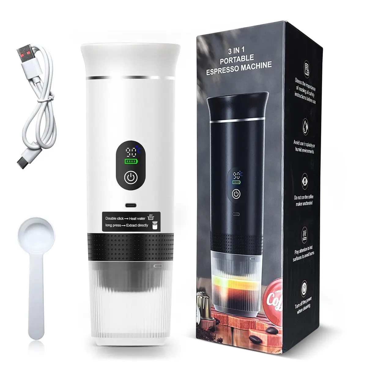 Máquina de Café Portátil 3 em 1, Cafeteira Expresso Portátil Elétrico com Bateria 2500mAh, Display Digital, Compatível com Cápsulas e Pó, 72W, 150ml, Branco