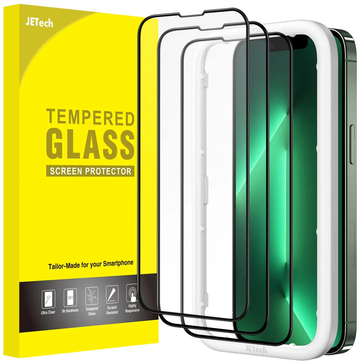 JETech Protetor de Tela para iPhone 13/13 Pro/17e, 3 Unidades | Cobertura Total, Película de Vidro Temperado com Borda Branco, Ferramenta de Instalação Rápida, HD Transparente