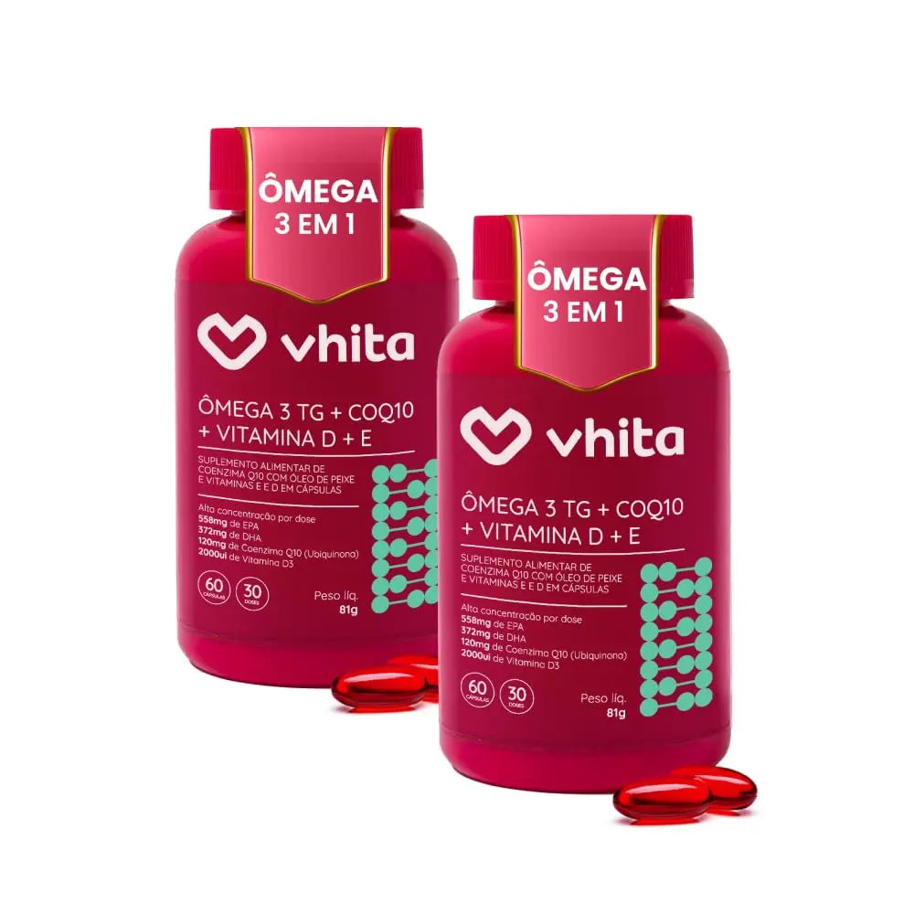 Ômega 3 em 1 Com Coenzima Q10 E Vitamina D3 Vhita - 2 unidades | 120 Cápsulas, 60 Porções, Óleo de peixe.