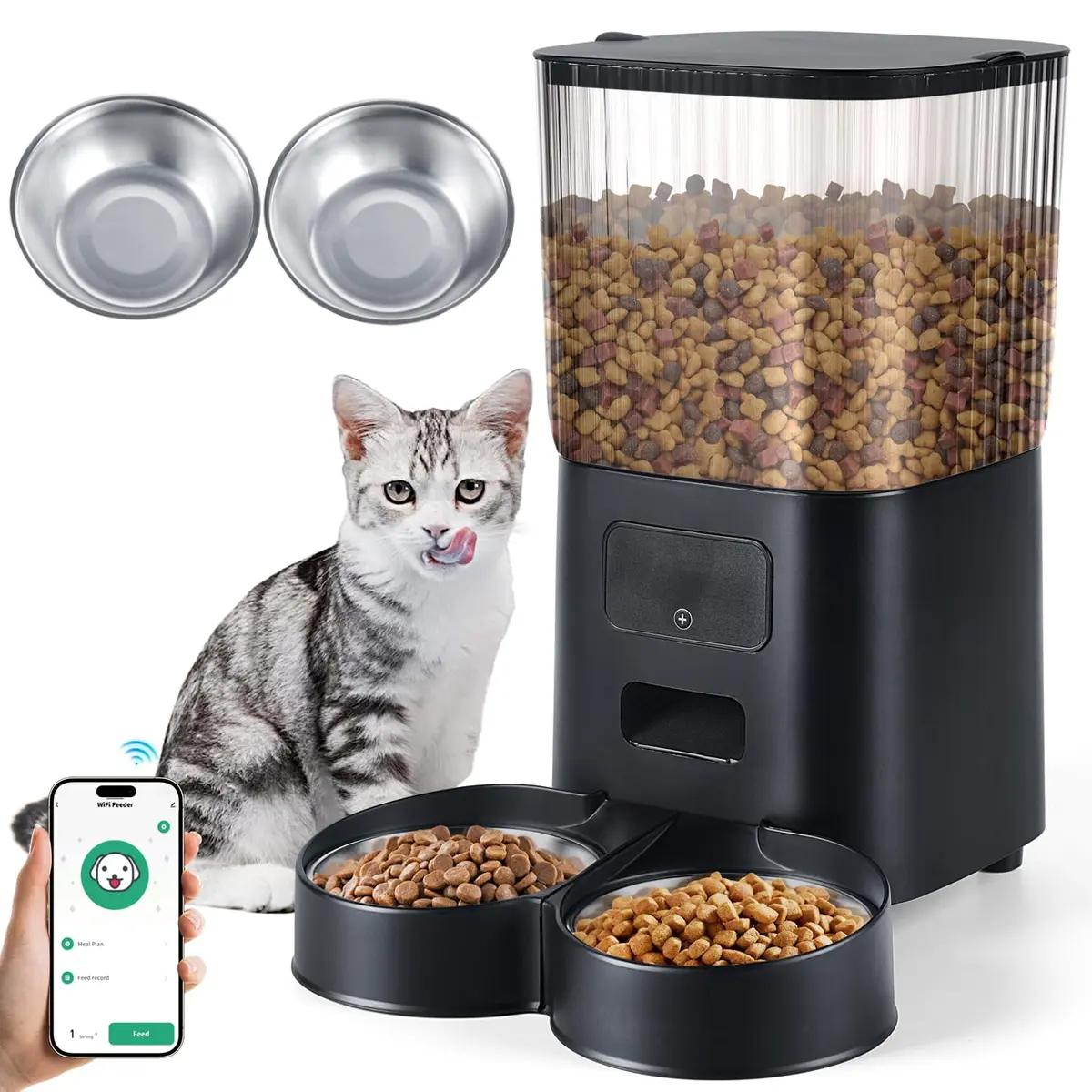 Alimentador Automático para Gatos e Cães Wi-Fi 5L Tuya APP Dupla Fonte | Alimentação Programada, Controle por APP, Tigelas Duplas, 5L, Dupla Fonte Bateria USB, Dessecante Integrado