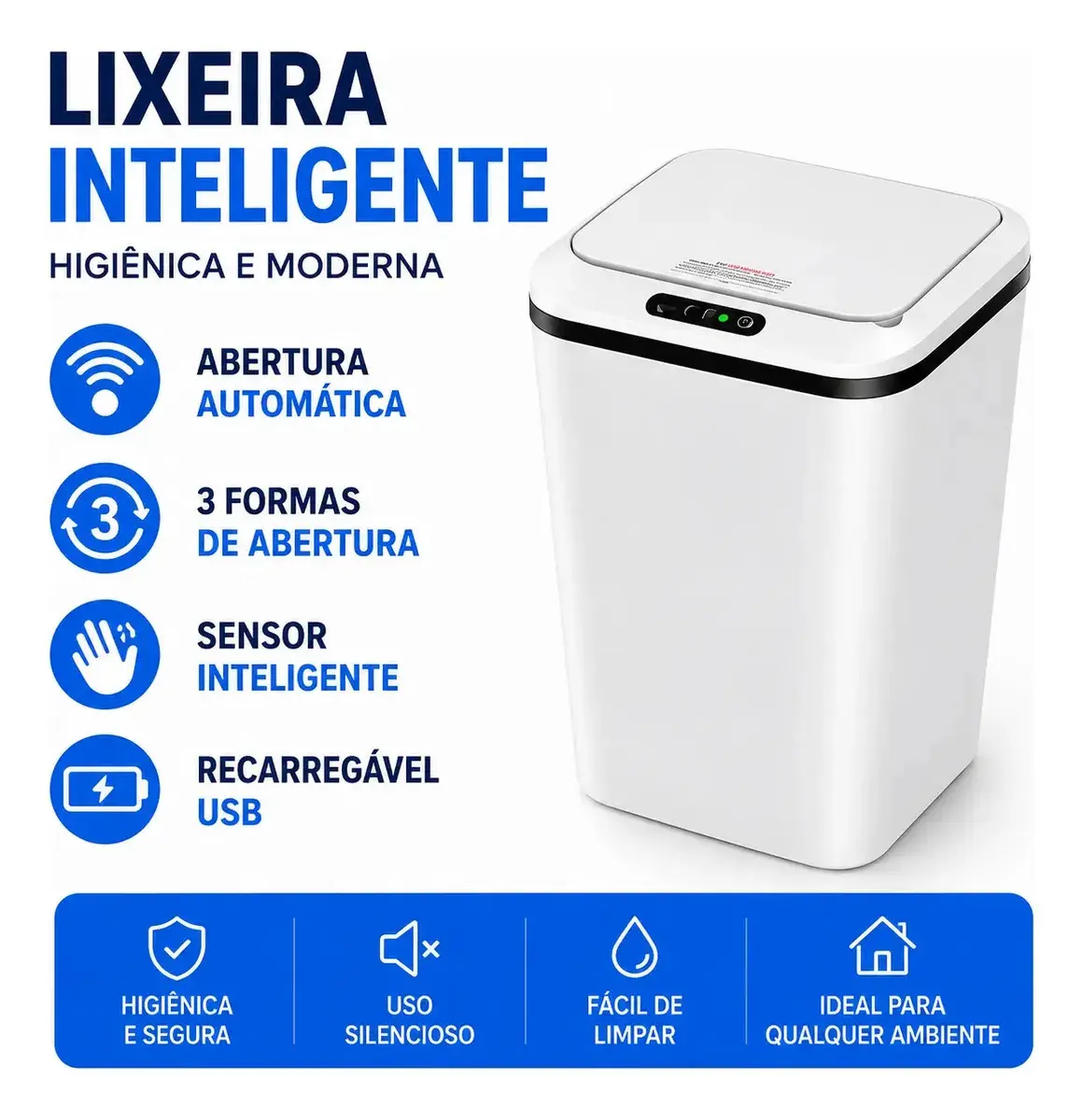 Lixeira Inteligente 16L Sensor Automático Recarregável USB-C 3 Modos Banheiro Cozinha Quarto thumbnail 2