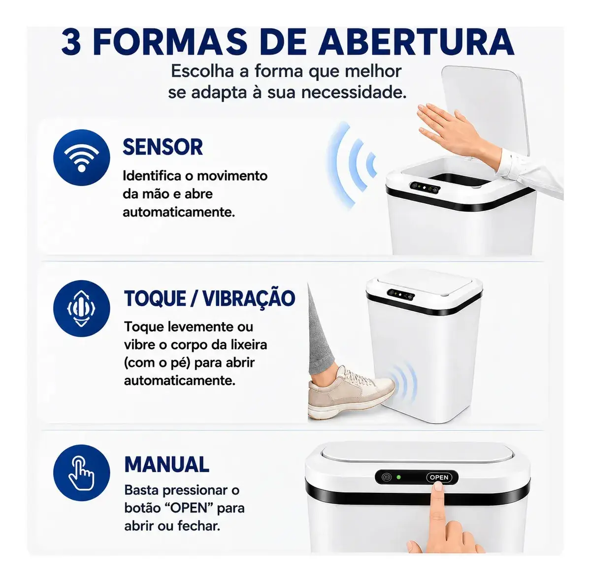 Lixeira Inteligente 16L Sensor Automático Recarregável USB-C 3 Modos Banheiro Cozinha Quarto thumbnail 5