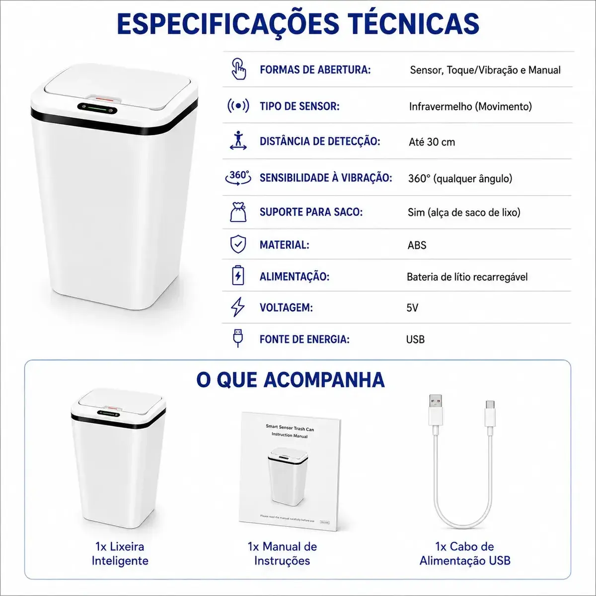Lixeira Inteligente 16L Sensor Automático Recarregável USB-C 3 Modos Banheiro Cozinha Quarto thumbnail 7