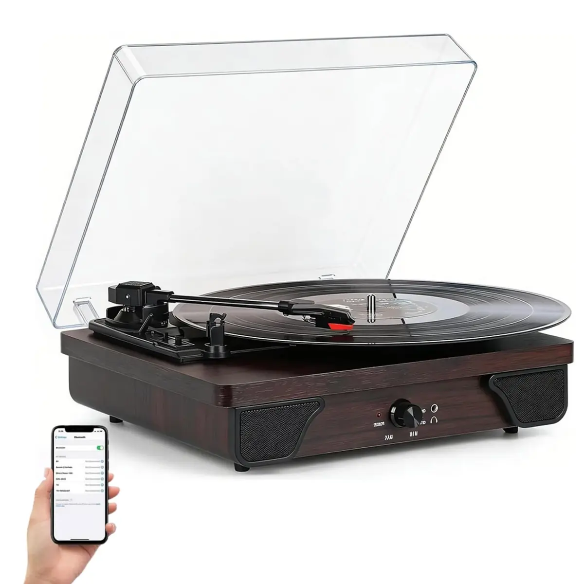 VEDO Toca-Discos Retro, Bluetooth 5.2, Design Transparente, 3 Velocidades (33/45/78 RPM), Alto-falante Integrado, Entrada AUX/RCA, Retrô Design em Madeira Marrom