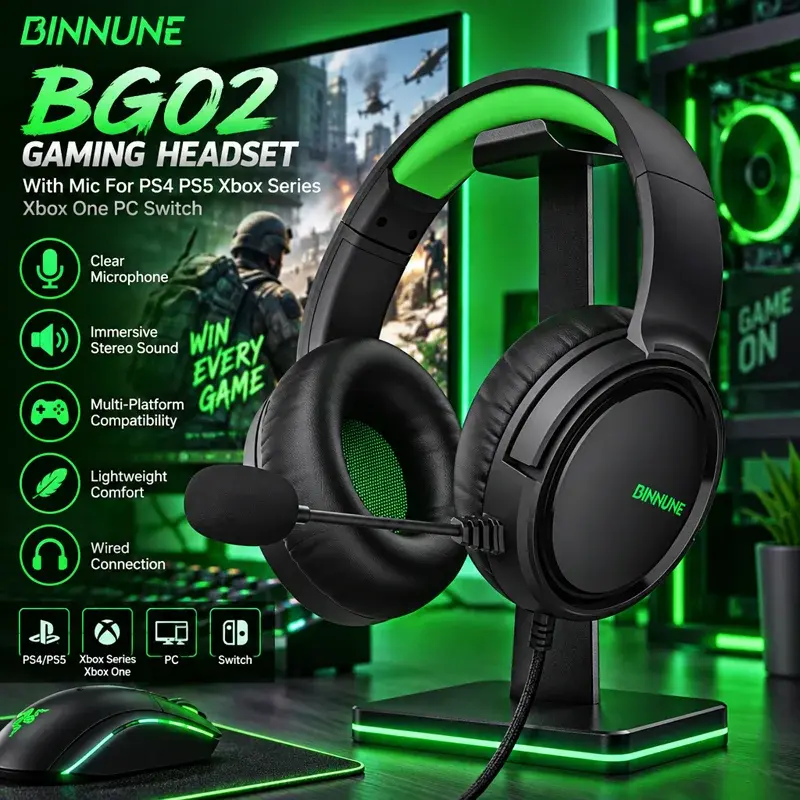 BINNUNE BG02 Headset Gamer com Fio e Microfone para PS4 PS5 Xbox Series Xbox One PC Switch, Fone de Ouvido Gamer para Consoles - 1