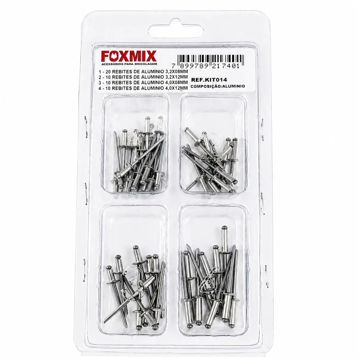 KIT REBITE DE ALUMÍNIO 3,2X08/3,2X12/4,0X08/4,0X10 50 PEÇAS FIXAÇÃO REFORÇADA MULTIUSO - 1