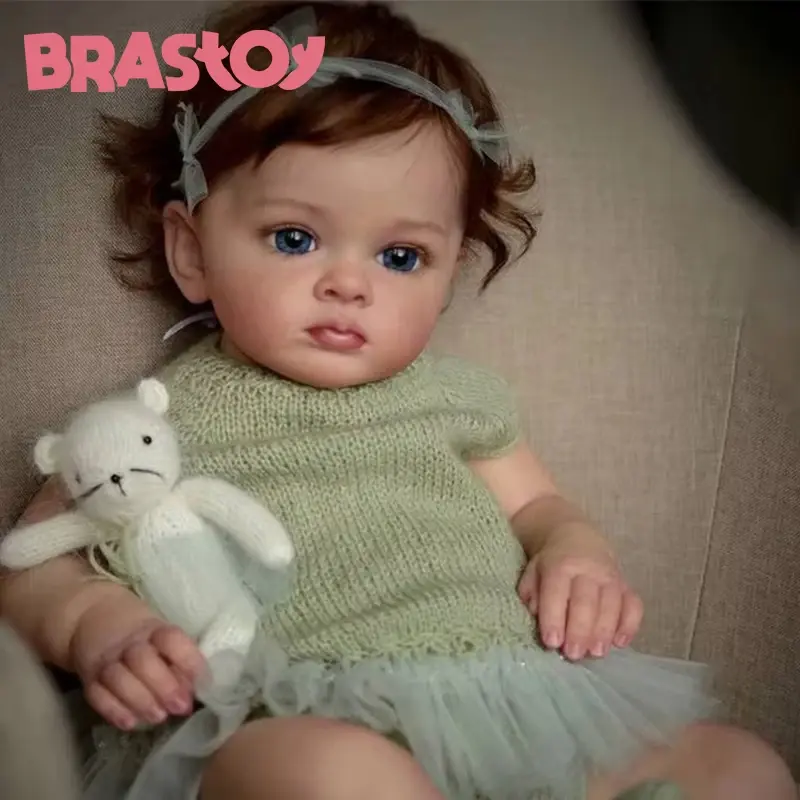 Boneca Reborn Bebê Menina Pintada Realista 55cm Olhos Azuis Corpo de Silicone Pode Tomar Banho,Envio do Brasil
