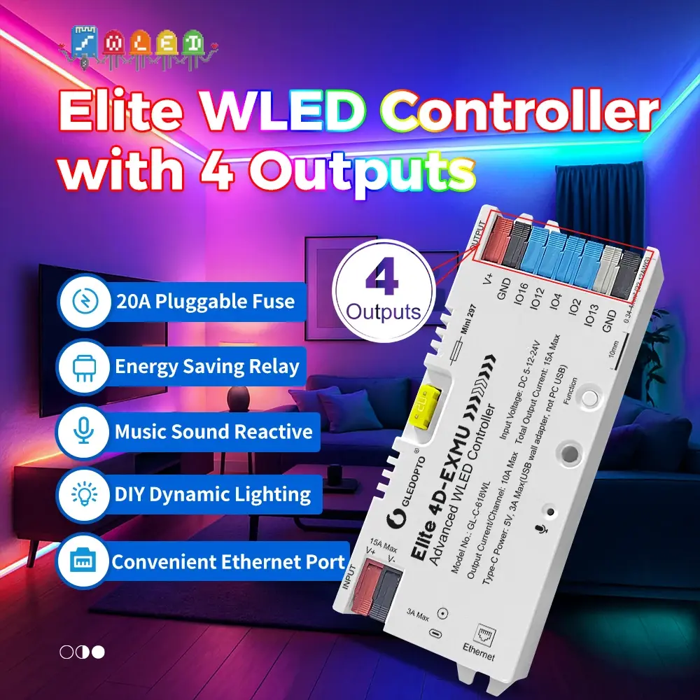 Controlador WLED GLEDOPTO Elite de 4 Canais ESP32, Ethernet e WiFi, Sincronização Musical, Fusível de 20A, para Fita LED RGB IC WS2812B SK6812 DIY