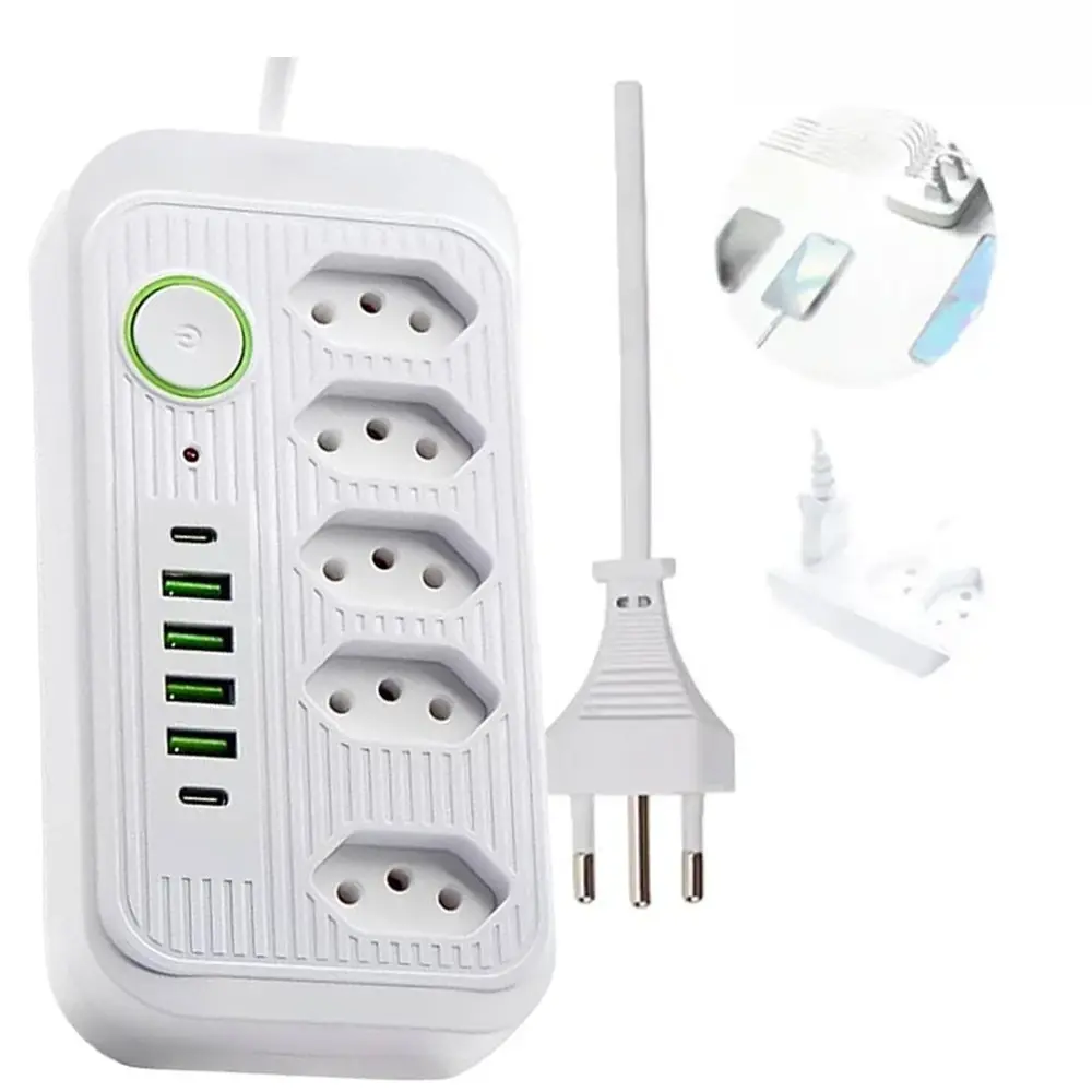 Regulador de Energia com 5 Tomadas Bivolt, 4 Portas USB e USB-C, Cabo de Força para Casa e Escritório, Extensão Elétrica