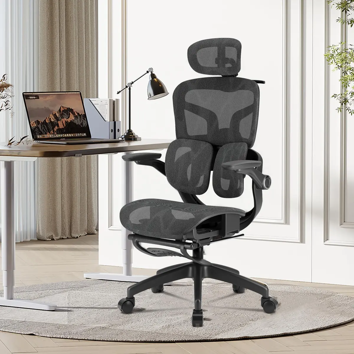 Cadeira de Escritório Ergonômica Testada conforme NR-17, Duplo Apoio Lombar, Assento Deslizante com Ajuste de Profundidade 5cm, Apoio para Pés Retrátil, Reclinável até 135° para Home Office (Preto)