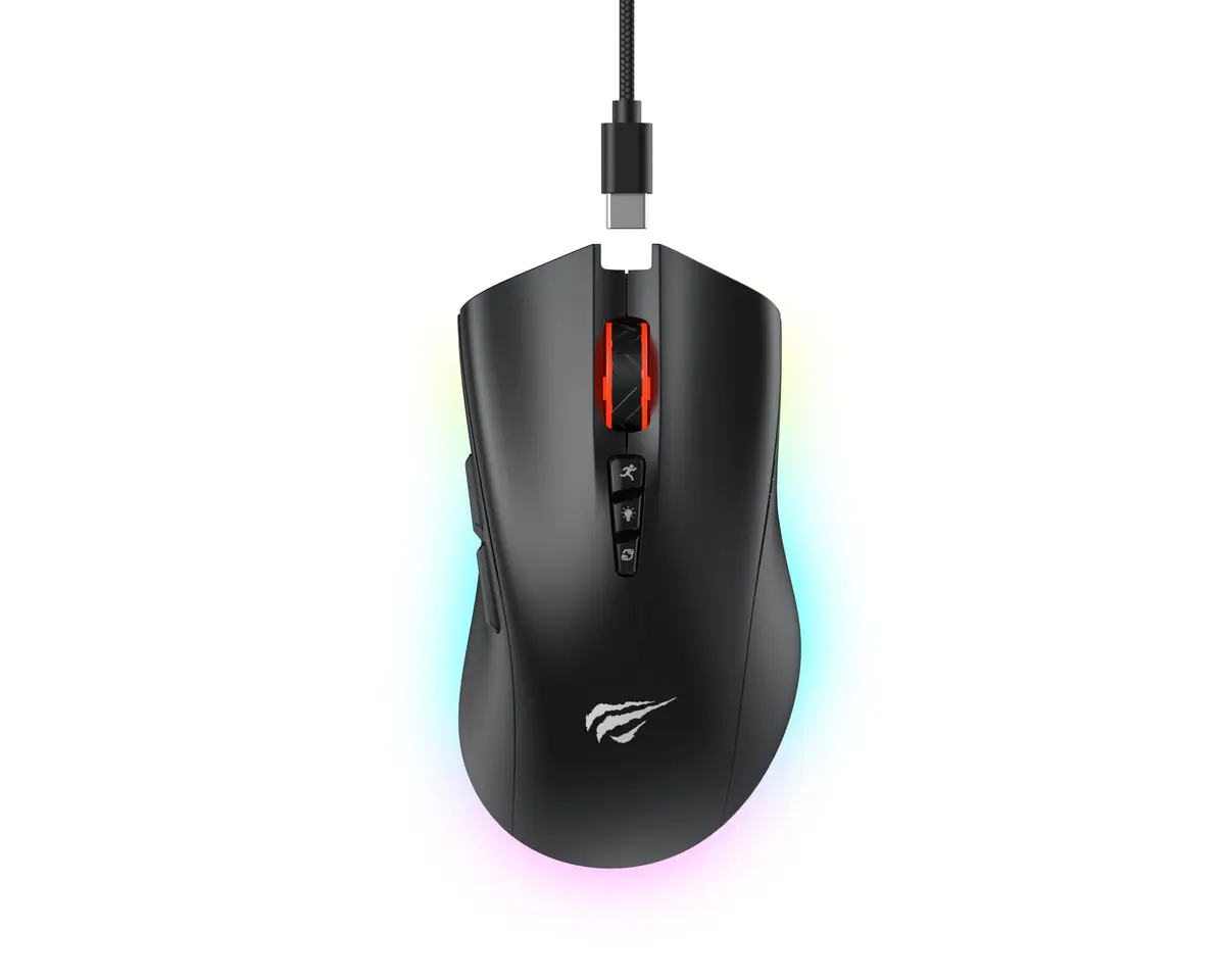 Havit Mouse Gamer MS1040WB V3 RGB, Tri-Mode Sem Fio e Com Fio 2,4 GHz, Bluetooth 5.2, Cabo USB 7 Botões Macro Programáveis, 800-1600-2400-3200-6400-22000 DPI