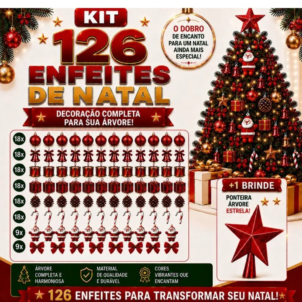 Kit 126 Enfeites Arvore de Natal Completo Decorada Decoração Natalina Acessórios Bolinhas Laços + Estrela Brinde - 1