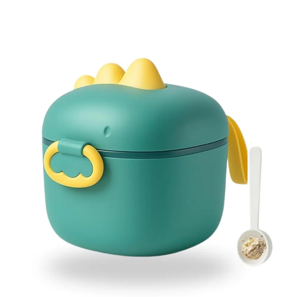 Porta Leite em Pó 400ml com Colher Dosadora Dinossauro, Trava de Segurança, Anel de Silicone Antivazamento, BPA Free, Ideal para Viagem, Passeio e Uso Diário (VERDE)