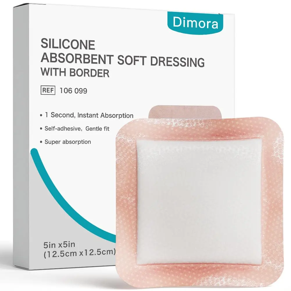 Dimora Curativos de silicone super absorventes para feridas - Bandagens adesivas suaves com polímero Ultrasorb, almofadas de cuidados com exsudato pesado 12,7 x 12,7 cm, 10 unidades - 1