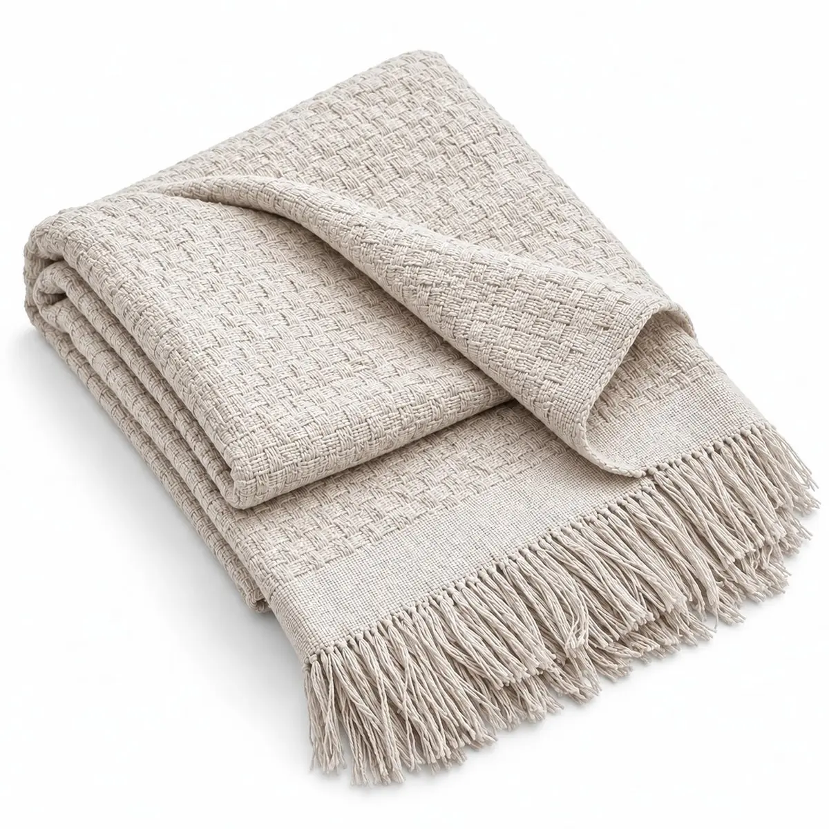 Decolab Manta para Sofá Toque Macio Boho Chic com Franjas Natural | 85% algodão e fio reciclado ecológico nacional. Tamanho 150 x 120 cm, acabamento artesanal e caimento elegante.
