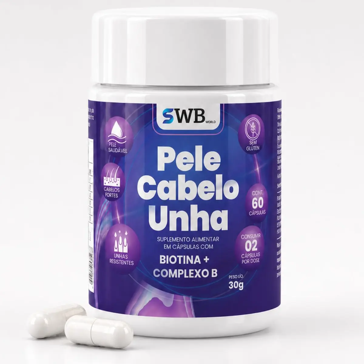Biotina + Complexo B para Pele, Cabelo e Unhas, 45 mcg de Biotina, com 7 Tipos de Vitamina B, 60 Cápsulas, Suplemento Alimentar Sem Glúten - SWB WORLD