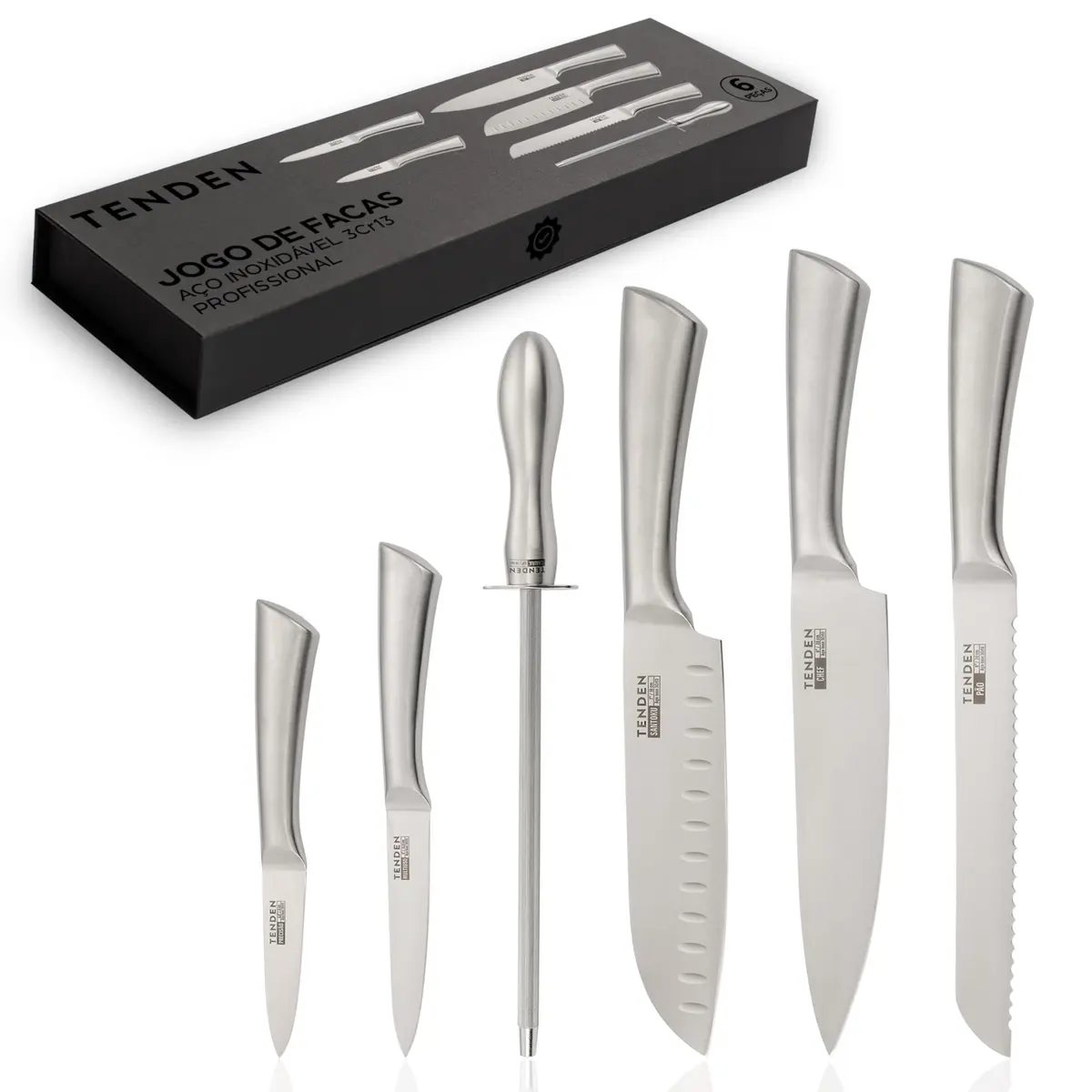 Jogo de Facas Profissional 6 Peças Premium TENDEN – Conjunto de Facas de Cozinha Aço Inox 3Cr13. Kit com Faca Chef 8”, Santoku 7”, Pão 8”, Multiuso 5”, Precisão 3,5” + Chaira, Caixa Magnética Presente