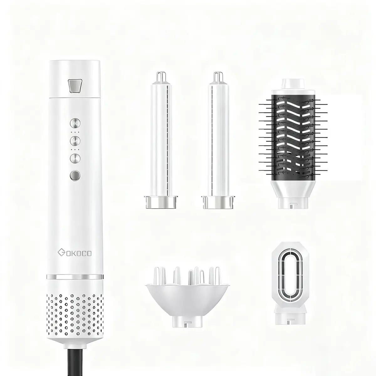 GOKOCO GD031 Escova Secador 5 em 1 Bivolt 127-220V, Motor Silencioso, 5 Acessórios para Pentear e Modelar, Uso Doméstico e Pet, Branco - 1