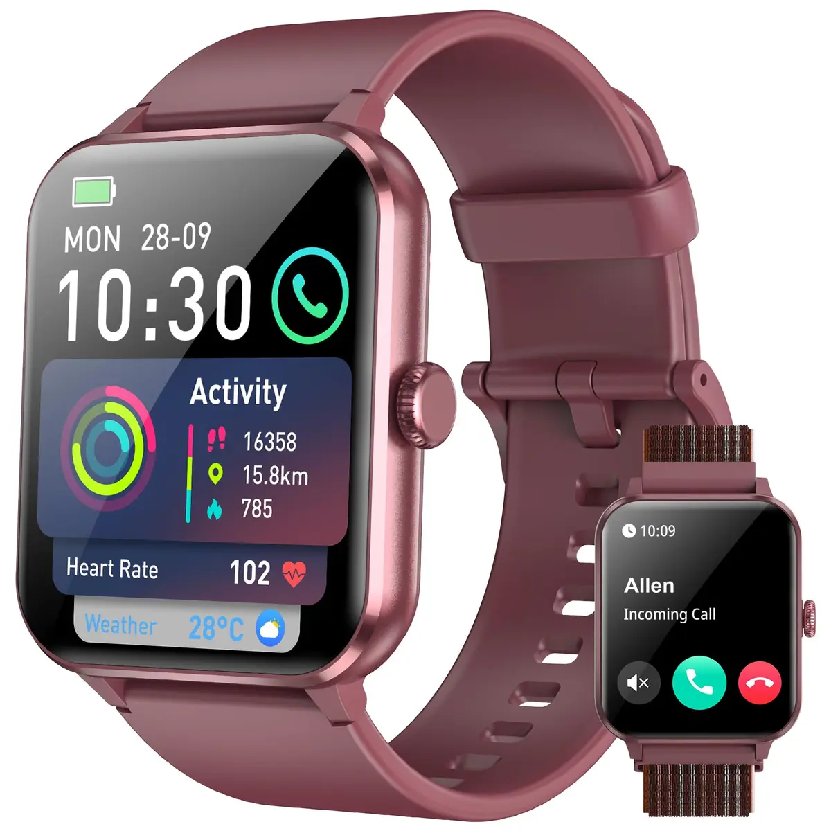 Smartwatch,Relógio Inteligente para Homens e Mulheres, 1.85“ Tela HD Touch, 100+ Modos Esportivos, Chamadas Bluetooth,Assistente de Voz, Compatível com iOS/Android,Inclui 2 Pulseiras,Clarete