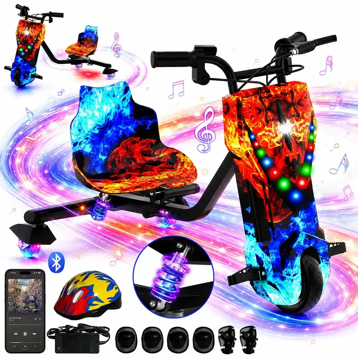Patinete Elétrico Triciclo Drift Infantil 350W 36V Bluetooth LED 3 Velocidades Motor Brushless Luzes RGB Freio Manual Capacete Kit Proteção Bateria Lítio Ajustável Até 100kg Fogo e Gelo