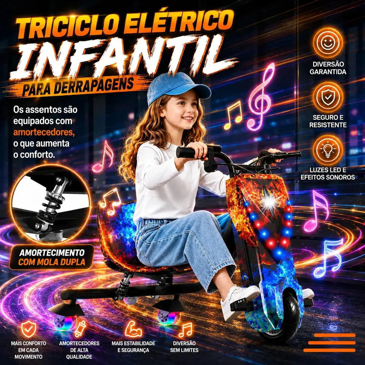 Patinete Elétrico Triciclo Drift Infantil 350W 36V Bluetooth LED 3 Velocidades Motor Brushless Luzes RGB Freio Manual Capacete Kit Proteção Bateria Lítio Ajustável Até 100kg Fogo e Gelo thumbnail 2
