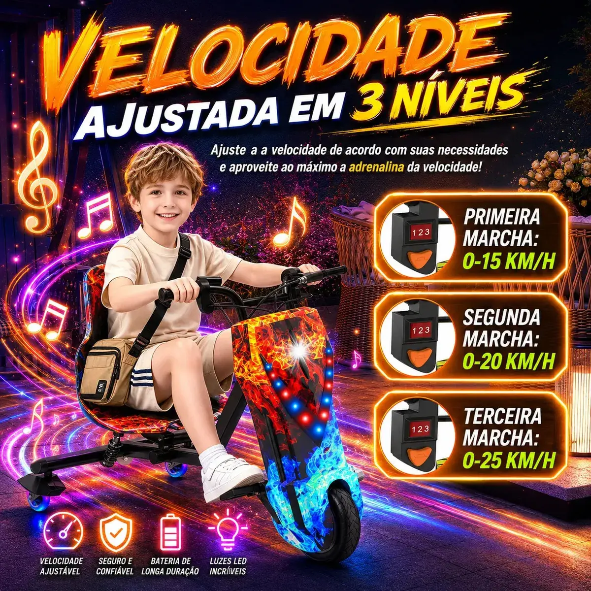 Patinete Elétrico Triciclo Drift Infantil 350W 36V Bluetooth LED 3 Velocidades Motor Brushless Luzes RGB Freio Manual Capacete Kit Proteção Bateria Lítio Ajustável Até 100kg Fogo e Gelo thumbnail 3