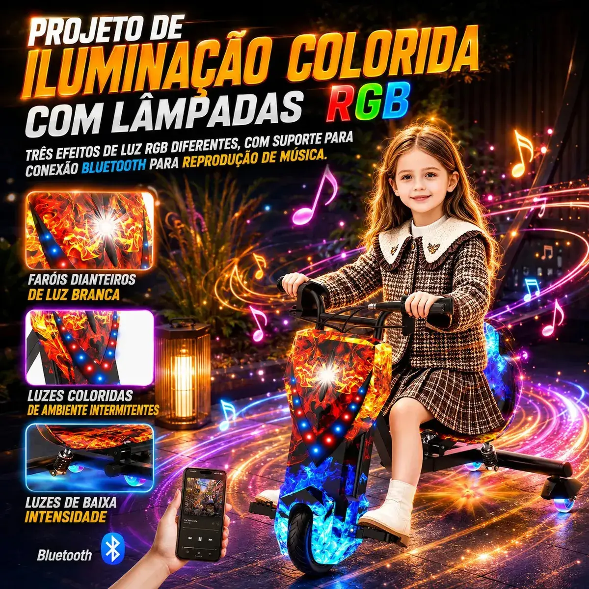 Patinete Elétrico Triciclo Drift Infantil 350W 36V Bluetooth LED 3 Velocidades Motor Brushless Luzes RGB Freio Manual Capacete Kit Proteção Bateria Lítio Ajustável Até 100kg Fogo e Gelo thumbnail 4
