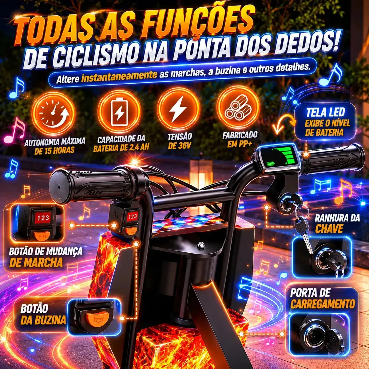 Patinete Elétrico Triciclo Drift Infantil 350W 36V Bluetooth LED 3 Velocidades Motor Brushless Luzes RGB Freio Manual Capacete Kit Proteção Bateria Lítio Ajustável Até 100kg Fogo e Gelo thumbnail 5