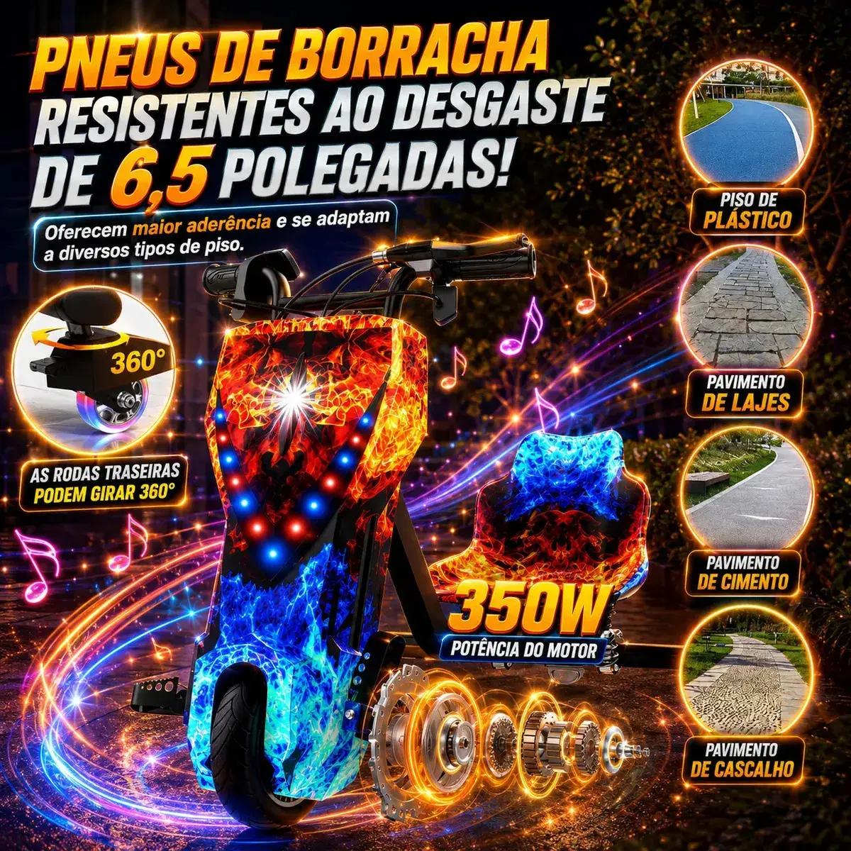 Patinete Elétrico Triciclo Drift Infantil 350W 36V Bluetooth LED 3 Velocidades Motor Brushless Luzes RGB Freio Manual Capacete Kit Proteção Bateria Lítio Ajustável Até 100kg Fogo e Gelo thumbnail 6