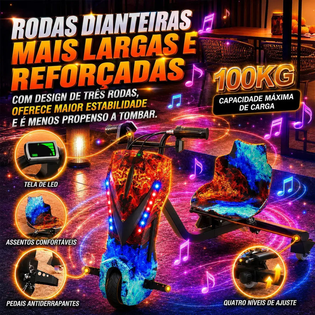 Patinete Elétrico Triciclo Drift Infantil 350W 36V Bluetooth LED 3 Velocidades Motor Brushless Luzes RGB Freio Manual Capacete Kit Proteção Bateria Lítio Ajustável Até 100kg Fogo e Gelo thumbnail 7