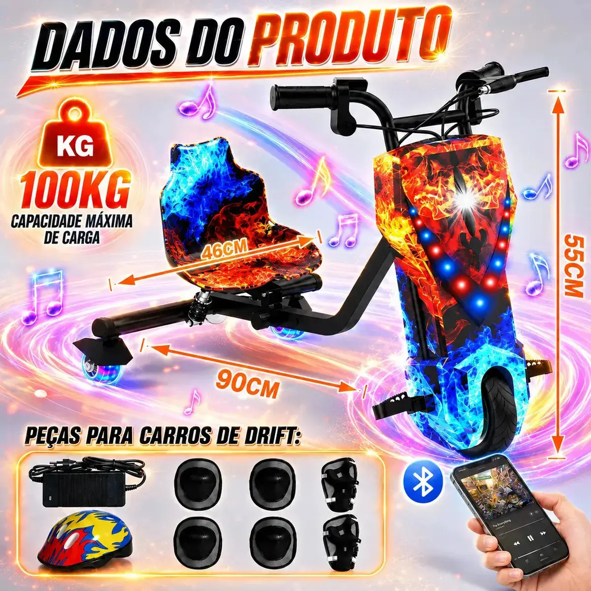 Patinete Elétrico Triciclo Drift Infantil 350W 36V Bluetooth LED 3 Velocidades Motor Brushless Luzes RGB Freio Manual Capacete Kit Proteção Bateria Lítio Ajustável Até 100kg Fogo e Gelo thumbnail 8