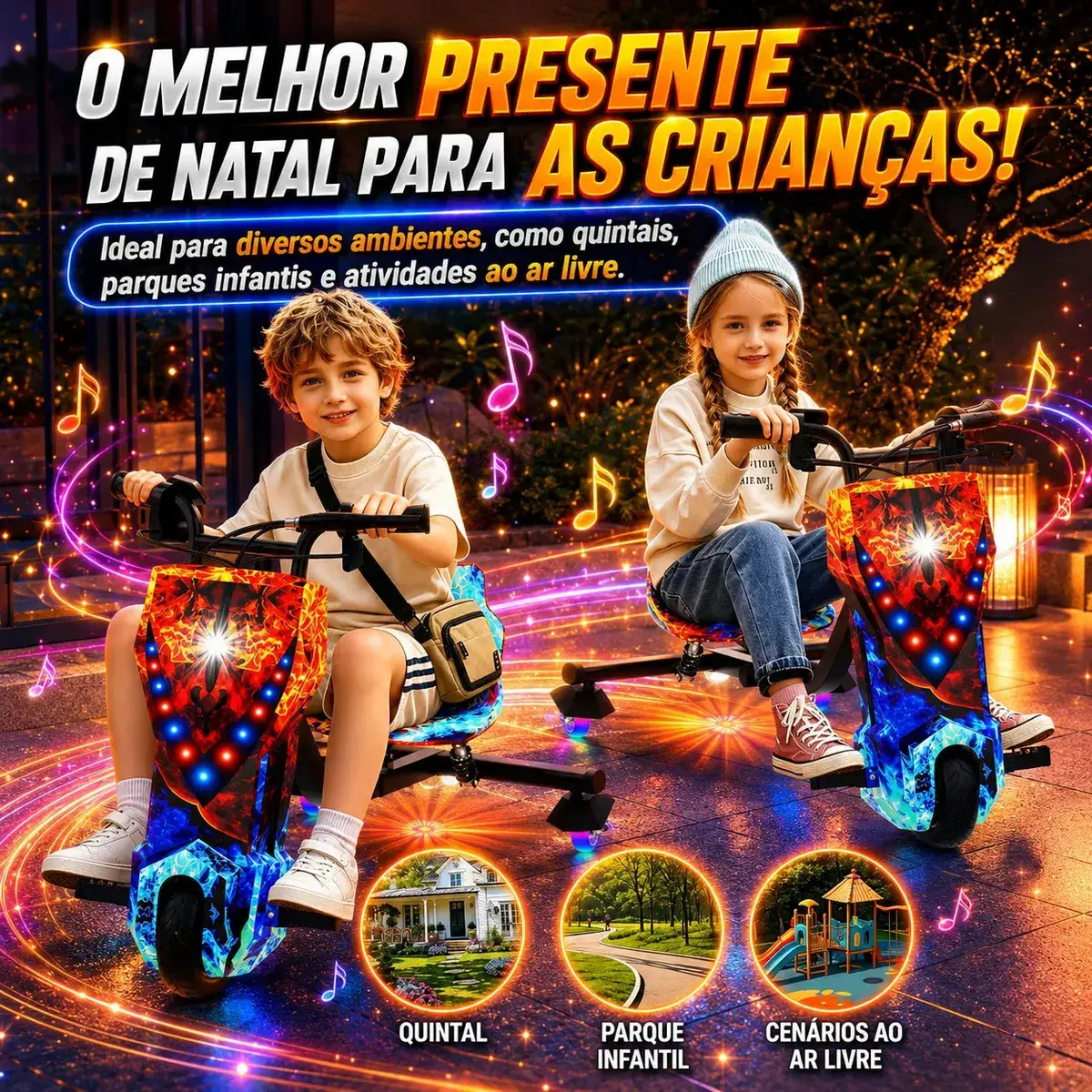 Patinete Elétrico Triciclo Drift Infantil 350W 36V Bluetooth LED 3 Velocidades Motor Brushless Luzes RGB Freio Manual Capacete Kit Proteção Bateria Lítio Ajustável Até 100kg Fogo e Gelo thumbnail 9