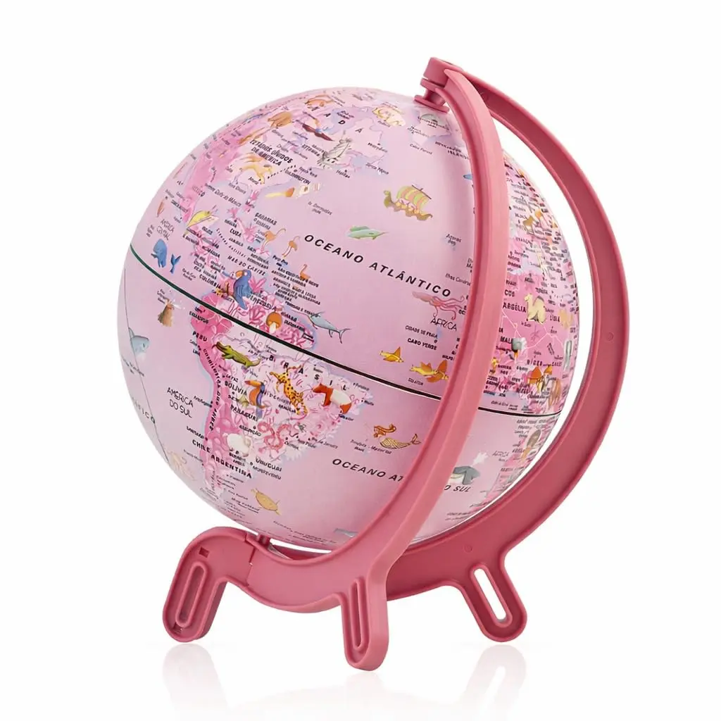 Globo Terrestre Infantil Rosa 16cm com Animais Educativo Rotativo