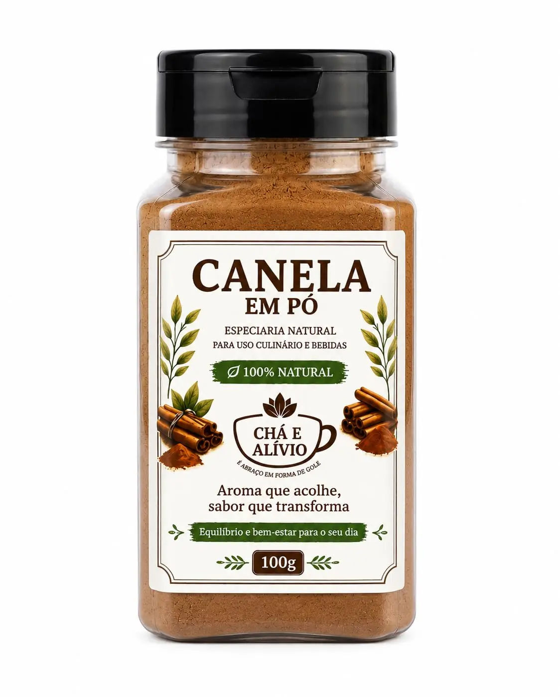 Chá e Alívio Canela em Pó 100% Natural, Especiaria para Uso Culinário e Bebidas, Pote Plástico Reutilizável com Tampa Dosadora, 100g