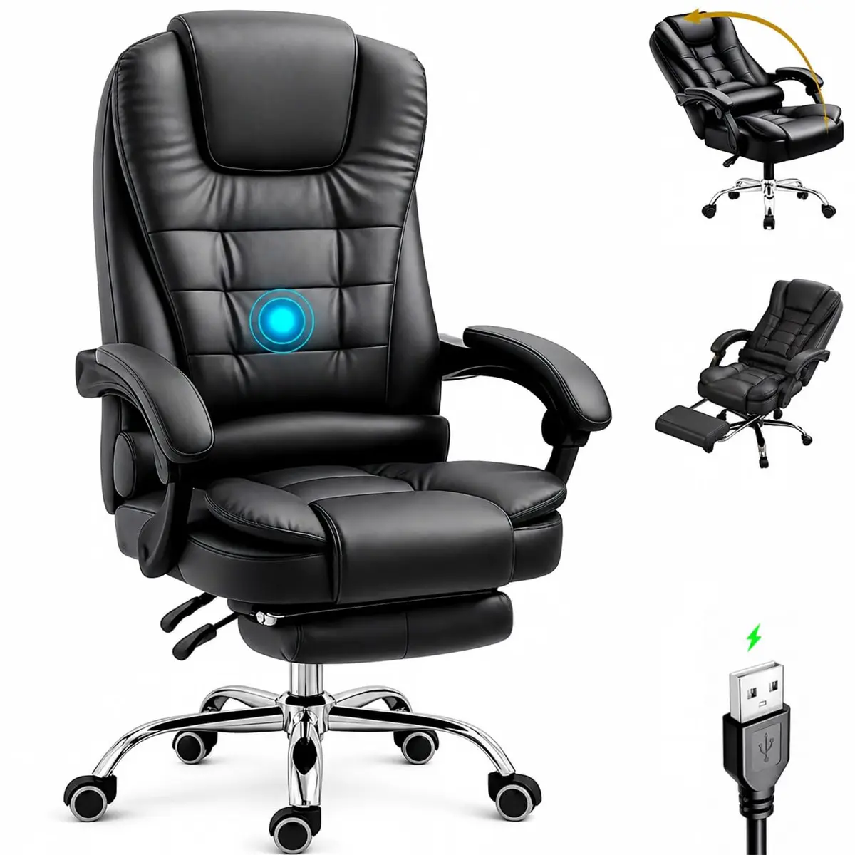 Cadeira de Escritório Executiva Reclinável com Suporte para Pés, Preta, Ergonômica, Giro 360°, Suporta até 120 kg