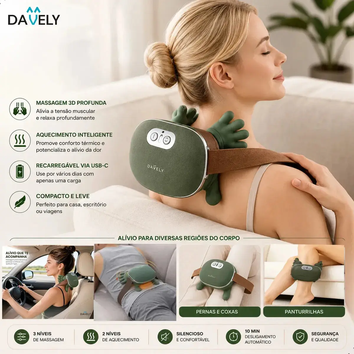 Massageador Pescoço Mãozinha 3D Aquecimento Elétrico Masajeador Massageador Corporal Pês Lombar Panturrilha Mão Pescoço Cabeça Costas Coluna Pernas Ombros Cervical - Aparelho massagem Portátil Davely - 1