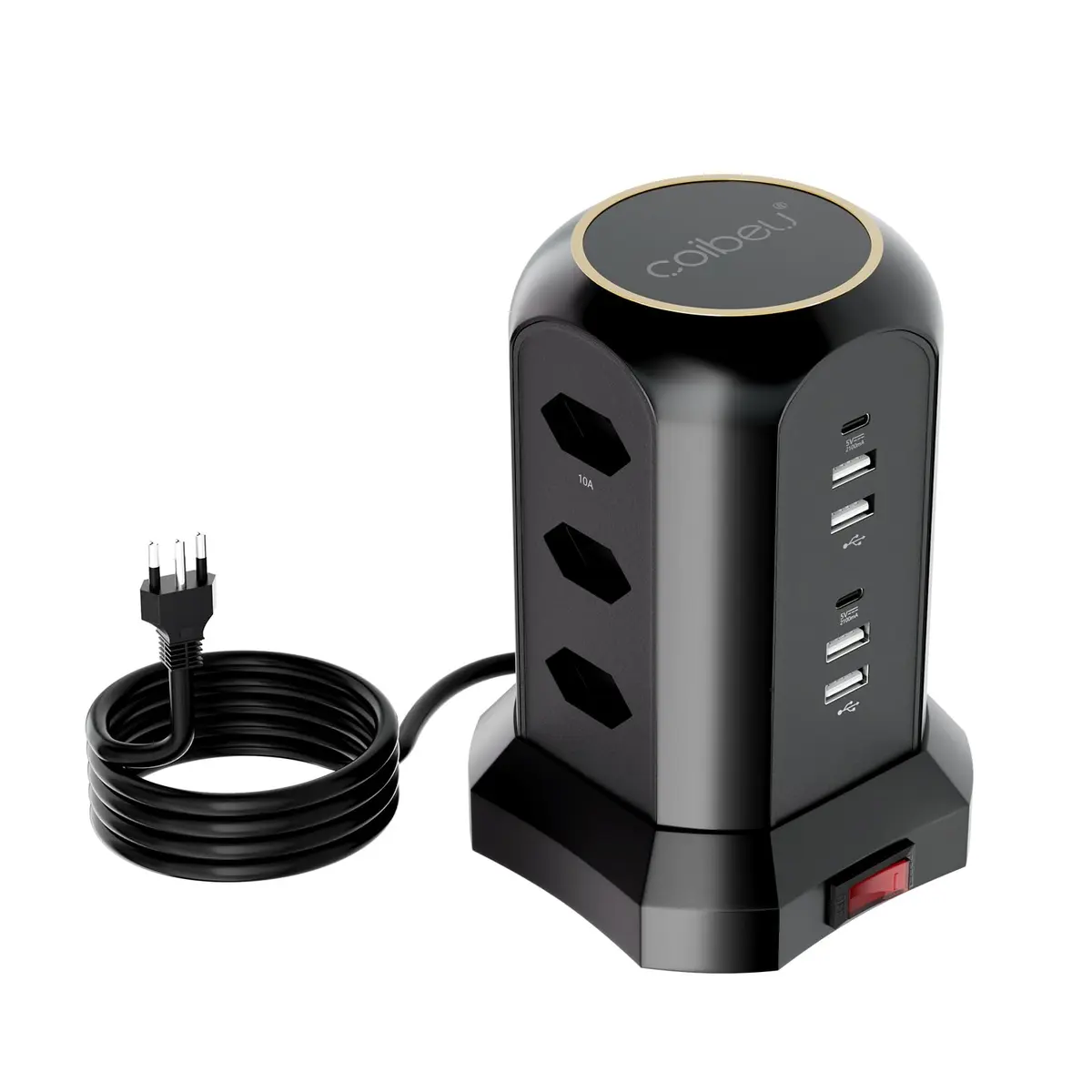Filtro de Linha, Extensao Eletrica, Extensão Tomada, Torre de Tomada, Regua, Extensao Eletrica, 9 Tomadas, 4 Interfaces USB, 2 Porta USB Tipo-C, Suporte a Tensão de 110-220V, Potência de 2500W, Preto