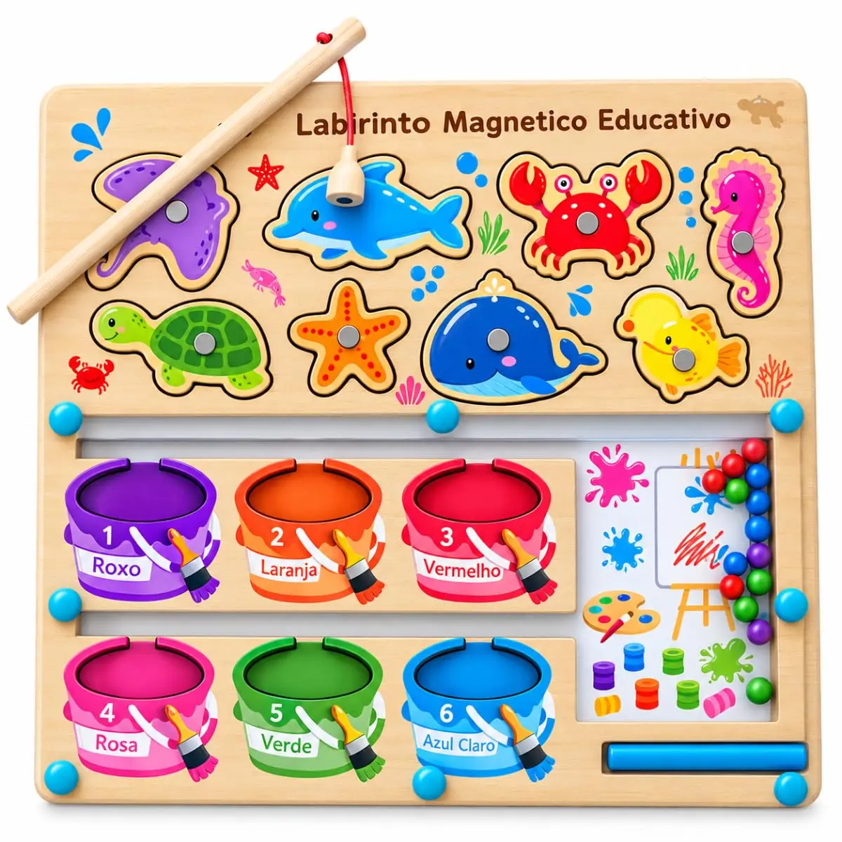 Tabuleiro Educativo Madeira Magnético Cores Números Montessori (Animais Marinhos)