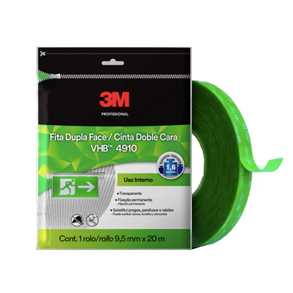 3M Fita Dupla-face VHB 4910 Uso Interno 9,5 mm x 20 m | Suporta até 1,6 kg, Com colagem permanente, alta resistência, espuma firme e aplicação rápida e limpa